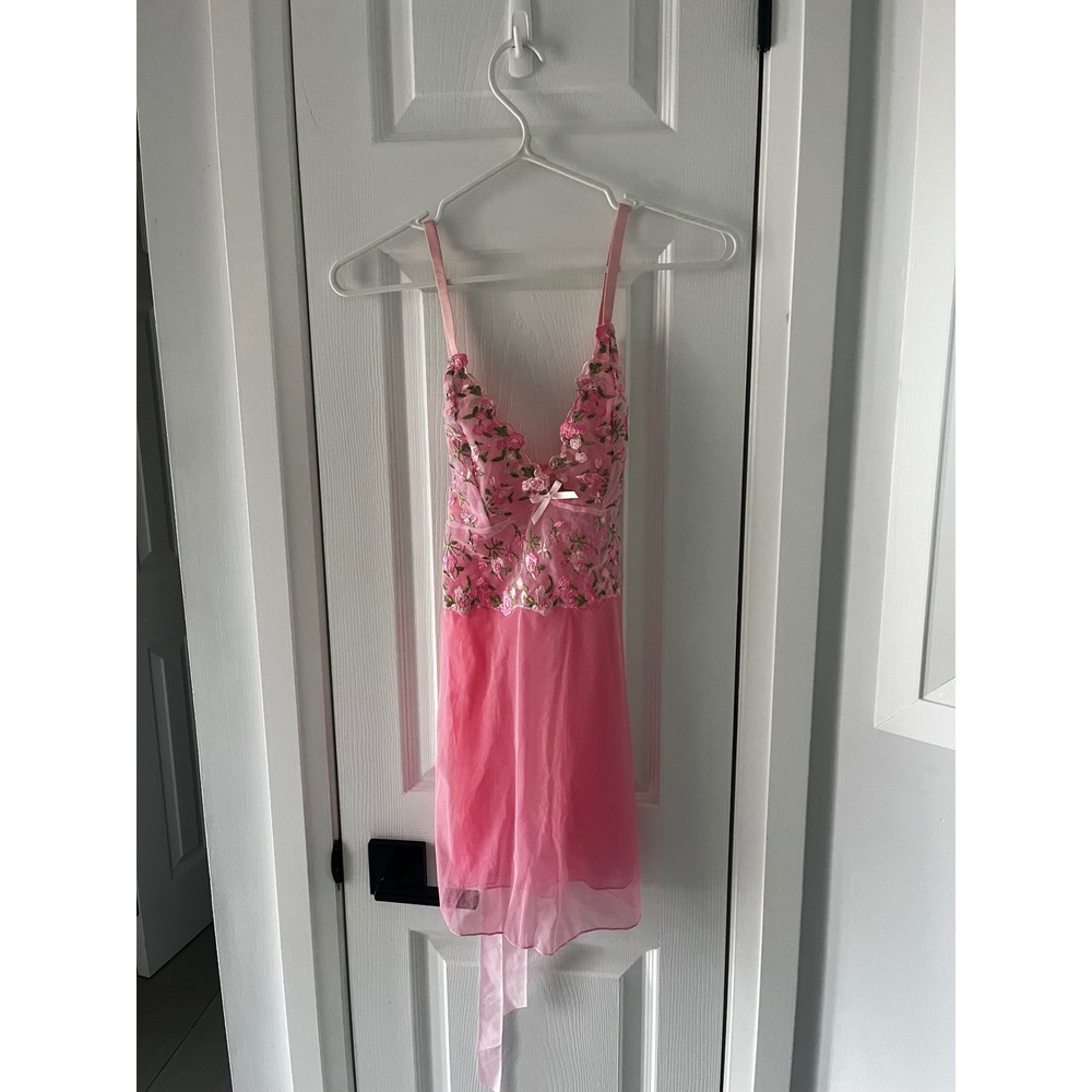 Pink Floral Embroidered Mesh Babydoll Chemise Lingerie Mini Dress Large Fairycor